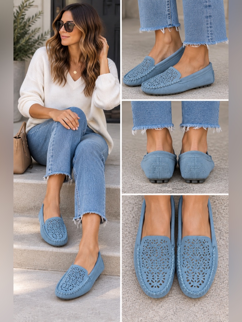 Minnetonka Blue kilty perforated Moccasins size 6.5